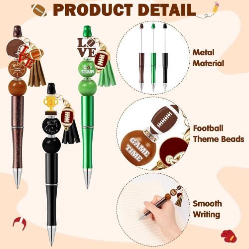 COcnny Football Beadable Pens Set - 14 Set Autumn Rugby DIY Ballpoint Pen Making Kit with Bead Craft, Sport Party Beaded Bulk Charm Tassel Supplies for Women School Students Office Gift