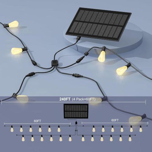 Size 60ft Stright Solar Powered String Light 240FT with Remote Control 8 Light Modes, Weatherproof Shatterproof ST38 LED Bulb, Total 60 Sockets, 1 to 4 Splitter cord String Lights (End to End 60FT, Total 240FT)
