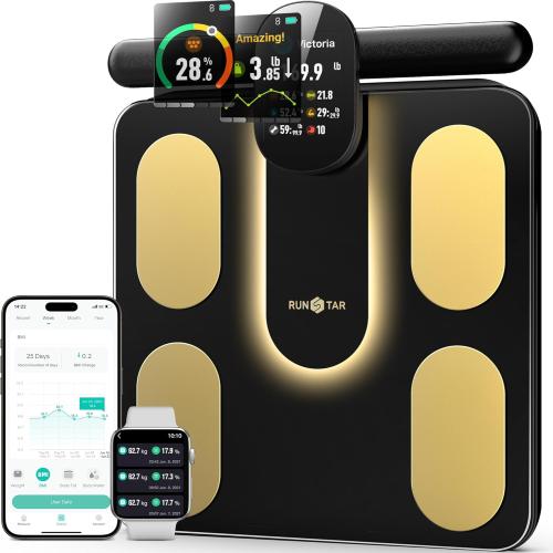 Black 13x13 RunStar Smart Scale FSA&HSA Eligible, 8 Electrodes Digital Bathroom Scale for Body Weight and Fat, BMI, Muscle Mass 28 Body Composition Measurement, with Full-Color TFT LCD on Retractable Handle