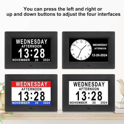 Black 7inch Johnziny Digital Clock with Day and Date for Elderly Large Display Digital for Elderly Dementia Clock Alarms, 12 Alarms and 8 Tags,4 Colors Display Calendar Alarm Clock(Black)