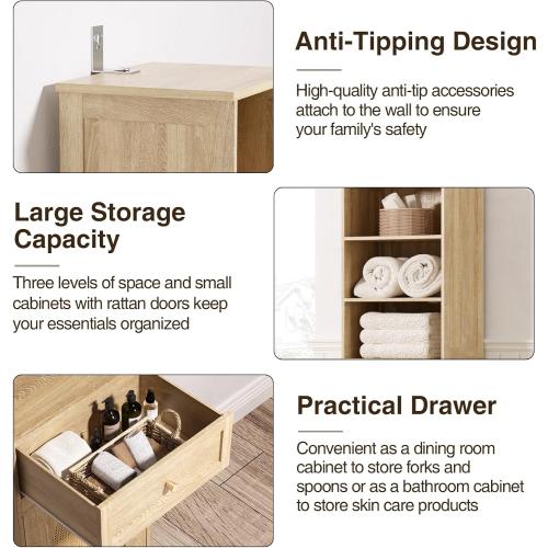 Size 67 H Color  Natural Bathroom Storage Cabinet with Rattan Doors and Slide Storage, Tall Narrow Freestanding Tower Cabinets with Adjustable Shelves for Kitchen, Living Room, Dining Room