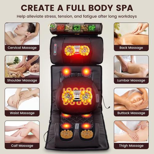 Full Body Massage Mat with 10 Vibration Heads, 9 Speeds & 3 Heat Levels - Rechargeable Heating Pad for Back Neck Shoulder Relief at Home Office