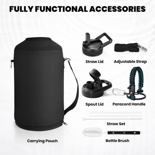 BLUE AND BLACK One Gallon Water Bottle Insulated, Triple Walled Vacuum Stainless Steel (Cold for 48 Hrs), Leak Proof & Non-BPA, Large Water Flask Jug with Paracord Handle & Straw Spout Lids