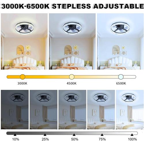 Color Black Ceiling Fans with Lights and Remote, Stepless Color Temperature Change and 6 Speeds, Flush Mount LED Ceiling Fan for Bedroom, Kids Room, Living Room - 20 Modern Ceiling Fans (Black)