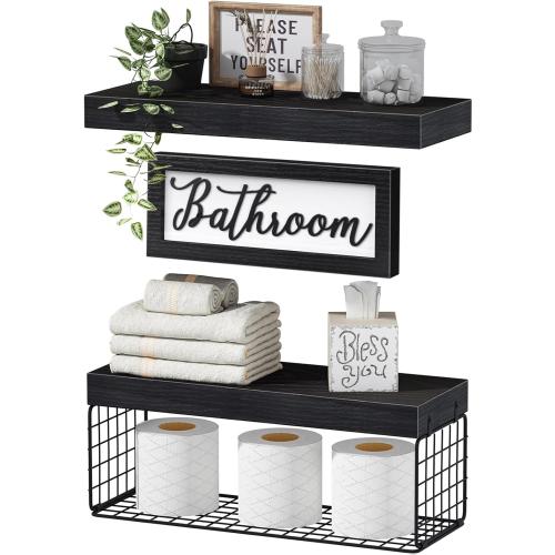 QEEIG Bathroom Shelves Over Toilet - Paper Storage Wall Mounted Farmhouse Decor Decorations Aesthetic Décor Sign Small Floating Shelf 2 1 Set 16 inch, Black (020B)