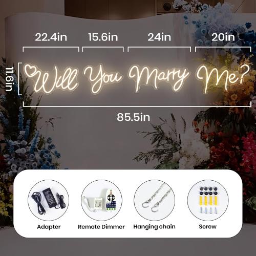 Will You Marry Me Neon Sign, Large 4-Piece LED Neon Light, 85.5 x 11.6 in | Wedding decorations - warm white light up sign - engagement proposal backdrop and wall decor - dimmable 4-piece split design