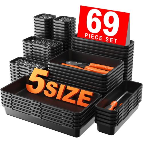 【More Larger Size】A-LUGEI【69Pcs】【5 Size】 Tool Box Organizer Tray Divider Set, 【Black】 Desk Drawer Organizer, Garage Organization and Storage Toolbox for Rolling Tool Chest Cart Cabinet WorkBench Parts