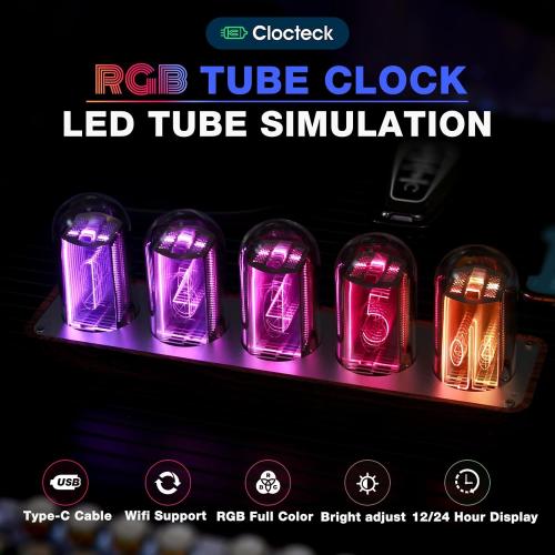 ClocTeck Nixie Tube Clock Walnut Digital Clock, Support Wi-Fi Time SYNC, Alarm & Timer, 12/24H Display, A Retro Gift for Friends (Wood Grain)