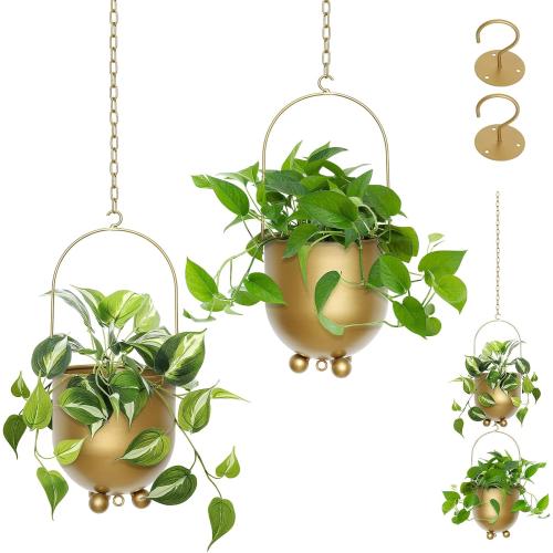 AceList Boho Gold Metal Hanging Planters,  with Hooks & Chains - Versatile Wall & Ceiling Plant Hangers for Indoor/Outdoor Décor