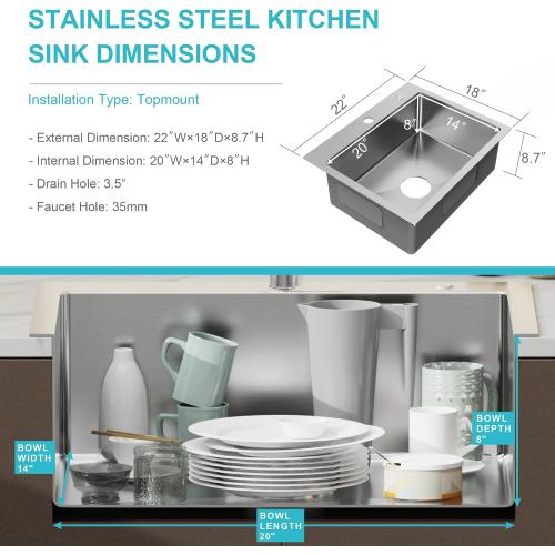 22 x 18 Drop in Kitchen Sink 304 Stainless Steel Single Bowl Topmount Kitchen Sink with Drain Kit and Bottom Grid, Brushed