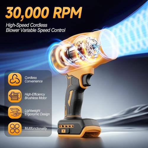 Cordless Leaf & Dust Blower Compatible with DEWALT 20V Battery, 30,000 RPM Jet Fan with Brushless Motor, Handheld Air Blower for Car Drying, Lawn Care, Home Cleaning (Tool Only)