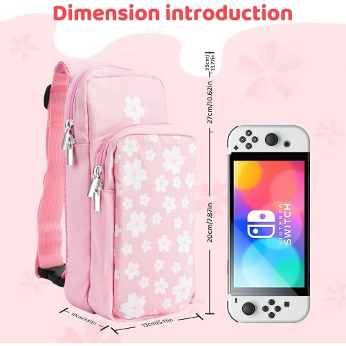FUNDIARY Pink Carrying Travel Bag for Switch 2/Switch/OLED/Lite with Sakura Design, Portable Accessories with Pink Sakura Shoulder Bag Crossbody Backpack, 12 Game Case Holder and 2 Thumb Caps