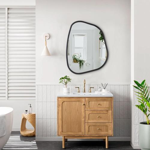 Black Asymmetrical Wall Mirror Large 20x16 Irregular Oval Mirror Modern Wood Frame Unique Shape Wall Mounted Vanity Artistic Mirrors Decorative for Living Room Bedroom Bathroom Hallway