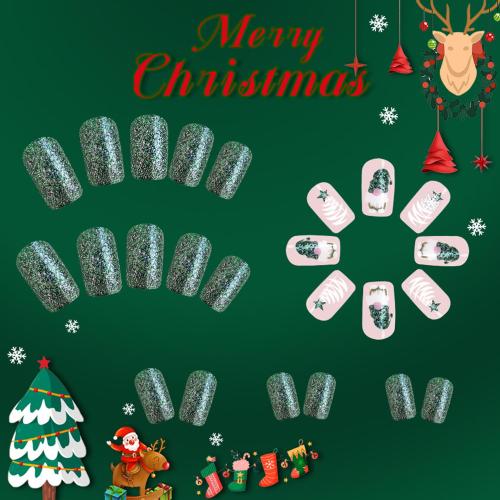 Christmas Press On Green Glitter Gnome Glue On Medium Square False Nails - Winter Xmas Acrylic Nails for Women & Girls