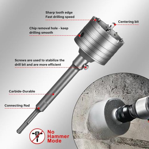 Size 105mm SALI Concrete Hole Saw Kits 4-1/8（105mm） Tungsten Steel Wall Hole Cutter Drill Bit Sets with 220mm SDS Plus Shank Connecting Rod，110mm Center Positioning Drill Bits for Cinder Block,Brick,Adobe Wall