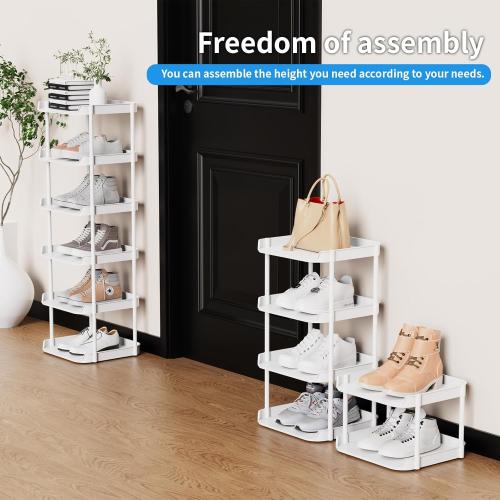 6 Tier Narrow Shoe Storage Rack, Compact Single Shoerack Stand for Slim Space, Stackable Tall Thin Show Tower, Solid Plastic Shelves, for Hallways, Kitchens, Bedrooms Tidy Organizer, White