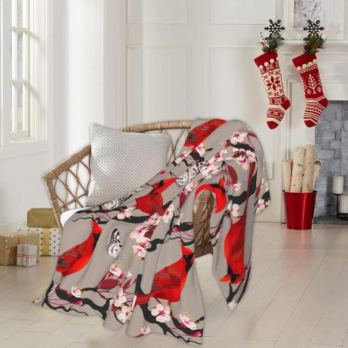 JOOCAR Flannel Throw Blanket Cardinals Birds Cherry Flowers Cozy&Soft Plush Blankets for Bed Couch Living Room Sofa Chair