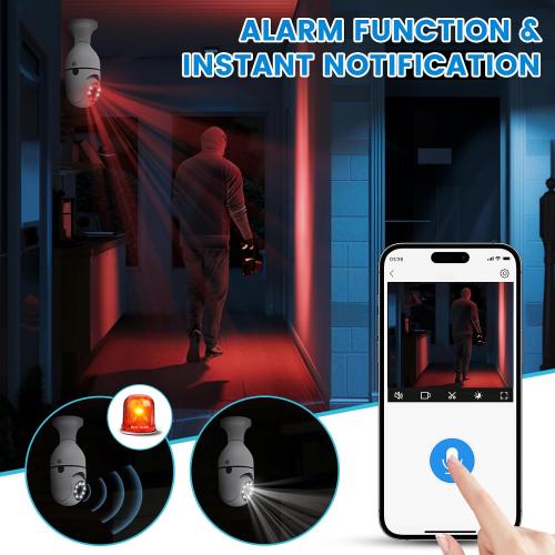 Light Bulb Security Camera, 2K/3MP Outdoor Camera Wireless 2.4G Hz WiFi E27 Camera for Home Security, 24/7 Recording, Motion Detection and Alarm