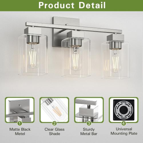 Espird Brush Nickel Bathroom Vanity Light - 3 Light Bathroom Light Fixture Square Design & UL Certification & Square Bath Room Lights Fixture Over Mirror