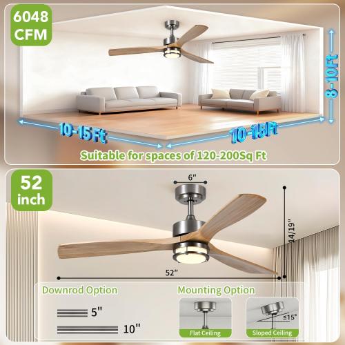 52 Inch Ceiling Fans with Lights and Remote Control, 3 Blade Ceiling Fan with Light for Bedroom Living Room Indoor Outdoor Patio, Reversible, 3CCT, Dimmable, Noiseless DC Motor, Nickel & Natural Wood