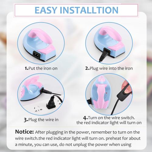 Honoson Mini Craft Iron Mini Heat Press Small Iron 3.93 x 2.36 x 2.76 in Portable Handy Tiny Flatiron with Charging Base Accessory for Fuse Bead Patch DIY Heat Transfer Vinyl(Light Pink, Light Blue)