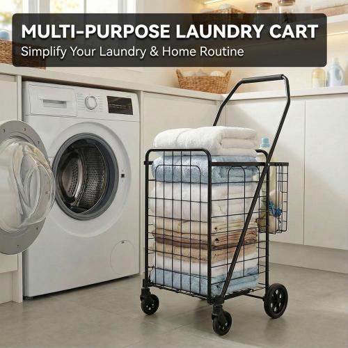 Folding Shopping Cart with Waterproof Liner & 360° Swivel Wheels | Collapsible Grocery Cart for Easy Transport, Ideal for Laundry, Shopping, and Travel – 132 LBS Capacity