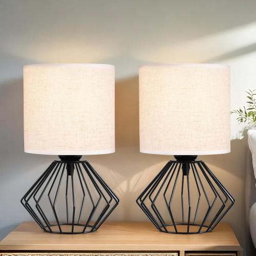 Hamilyeah Bedside Lamps Set of 2, Black Table Lamps with Beige Linen Fabric Shade, Industrial Lamps for Night Stands with On/Off Switch, Modern Simple Desk Lamps for Bedroom, Living Room