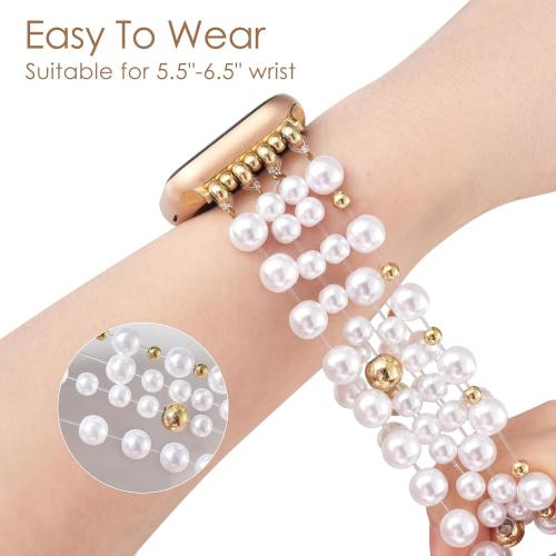 V-MORO Compatible with Apple Watch Band Pearl Series 11/10/9/8/7 42mm 41mm 40mm 38mm Women Fashion Handmade Beaded Elastic Strap Dressy Stretch Bracelet for iwatch SE Series 6/5/4/3/2/1-White/Gold