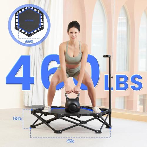 HXD-ERGO 42'' Foldable Mini Trampoline, Rebounder Trampoline with Adjustable Foam Handle, Fitness Trampoline for Indoor, Outdoor, Home Gym, Max Load 460lbs