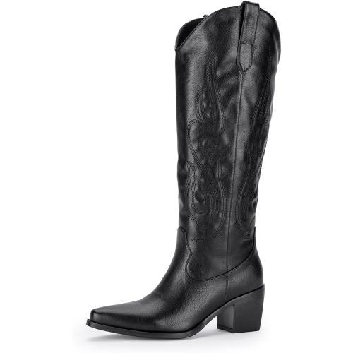 Pasuot Western Cowboy Boots for Women - Knee High Wide Calf Cowgirl Boots with Classic Embroidered, Slip On Pointed Toe Chunky Heel Fashion Retro Classic Pull On Tall Boot for Girls Ladies Fall Winter ( Size : 7 W)