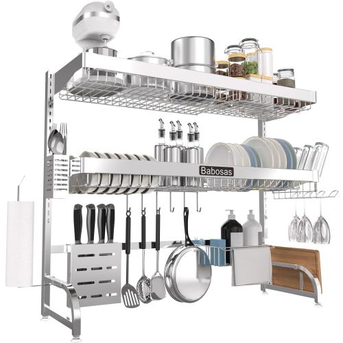 Over The Sink Dish Drying Rack,3 Tier Adjustable Length (25.5'' to 37.4'') Full Stainless Steel Large Storage Kitchen Dish Rack,For Kitchen Counter Expandable Multifunctional Organizers,Silver