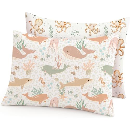 Toddler Pillowcases 2 Pack for 13x18 Pillow with Envelope Closure, Pillow Case Covers for Boys & Girls, Soft, Breathable, and Stretchy (Aqua Wonders)