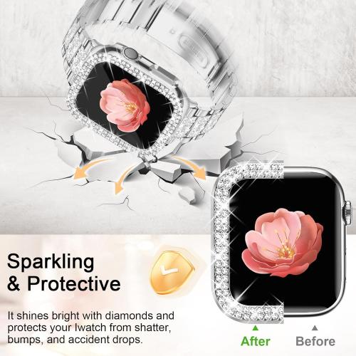 Bling Watch Bands with Bling Case for Women Compatible with Apple Watch Band 40mm Elegant Dressy Jewelry Replacement Metal Link Wristband Protector Cover for iWatch Series 7/8/9 SE Silver