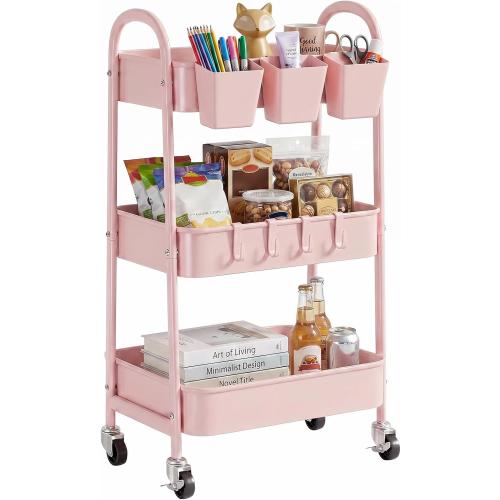 danpinera 3-Tier Rolling Cart, Utility Cart Mobile Metal Rolling Storage Cart with Lockable Wheels & Hanging Cups & Hooks for Kitchen, Bathroom, Office, Workshop, Pink