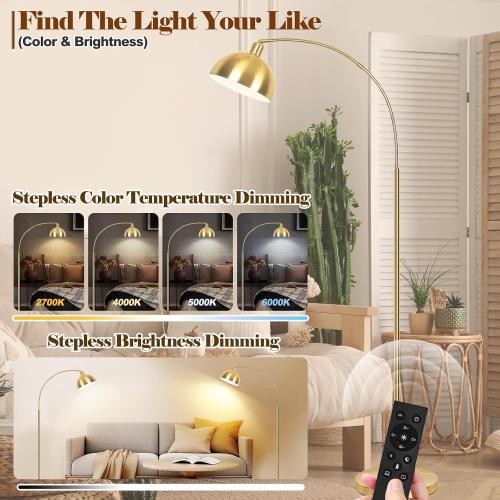 Gold【Upgraded】 Arc Floor Lamps for Living Room - Stepless Dimmable Gold Tall Lamp with Remote Control & Color Temperature 9W LED Bulb, Over Couch Arched Reading Standing Lamp for Bedroom Brass