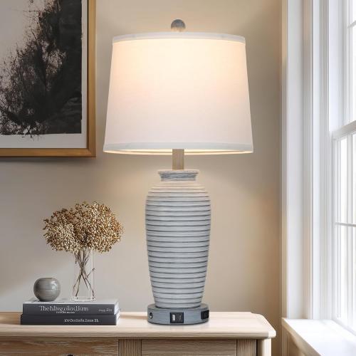 CINSARY 25 Vintage Farmhouse Jar Table Lamps, Single Rustic Bedside Lamp with USB A C Ports & AC Outlet, Nightstand Lamps for Living Room, Bedroom, End Table, Grey White(LED Bulb Included)