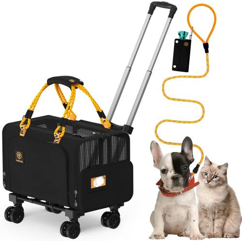 PAWZIDEA Expandable Pet Carrier with Wheels, 18x11x11 TSA Airline Approved Cat Carrier for 2 Cats Under Seat, Soft-Sided Dog Carrier for Small Dogs Rolling Travel Bag w/Telescopic Handle, ID Card