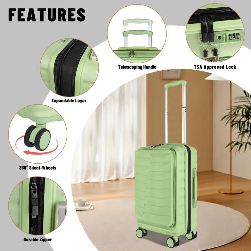 Size 22×14×9 Color Green Airline Approved Carry On Luggage with Front Open Pocket, Spinner Wheels, ABS PC Hardshell Small 20inch Suitcase with Protective Cover and Luggage Tag, Avocado Green