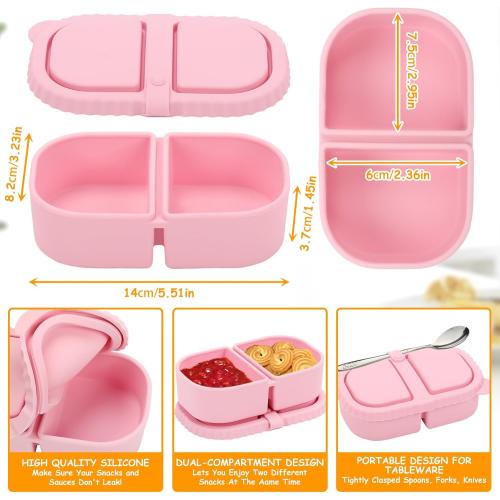 Bento Box 2 Pack Silicone Reusable Snack Containers with Lids, Double Compartment Snack Containers, Silicone Snack Box, Snackle Box Container for Travel, Office, Picnic(Pink/Green)
