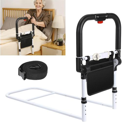 WHITE Bed Rails for Elderly Adults Safety with Foldable Non-Slip Handle, Adjustable Bed Assist Rails for Seniors, Handicap, Disable, Bed Assist Handle with Motion Light, Storage Pocket, White/Black