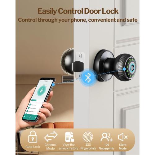 Fingerprint Door Lock - Smart Door Knob with Passcode Keypad, Finger Print Biometric Door Knobs & App Control, Keyless Smart Door Lock for Apartment Bedroom Hotel Office (Black)