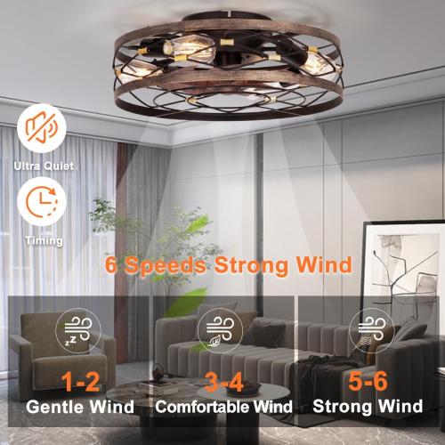 SHLUCE Small Fandelier Caged Ceiling Fan with Light, Farmhouse Low Profile Flush Mount Ceiling Fans with Lights and Remote, Rustic Bladeless Ceiling Fan with Light for Kitchen, Bedroom, Living Room