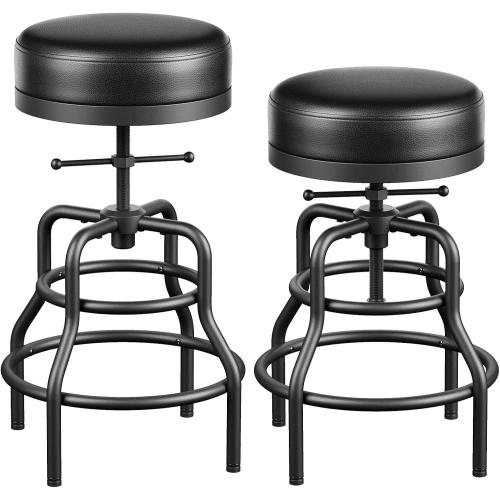 Raynesys Adjustable Height Swivel Bar Stools Set of 2, 22-29 Inch Industrial Vintage Bar Counter Height Stools with Thicken Premium Bonded Leather Seats & Updated Footrests, Easy Assembly, Black