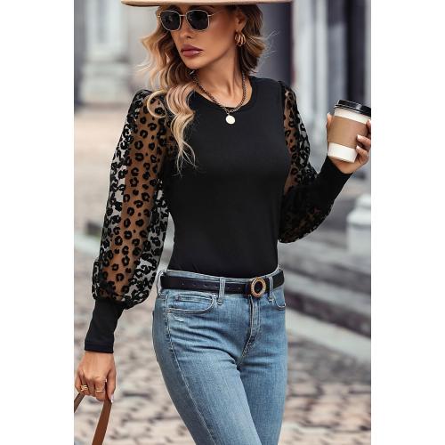 Womens XL Blouse Shirt Long Sleeve Crewneck Basic Casual Shirt Swiss Dot Mesh Sleeve Classic Slim Fit Shirt Tops