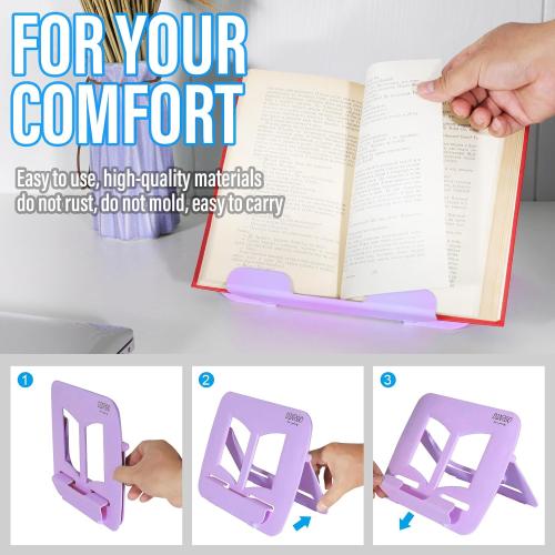 Portable Book Stand Book Holder Book Rest for Kids Reading Hands Free Cookbook Holder Textbook Stands Music Stand Lightweight Waterproof Book Stand Gifts School Supplies (Purple 11.82 *8.26)
