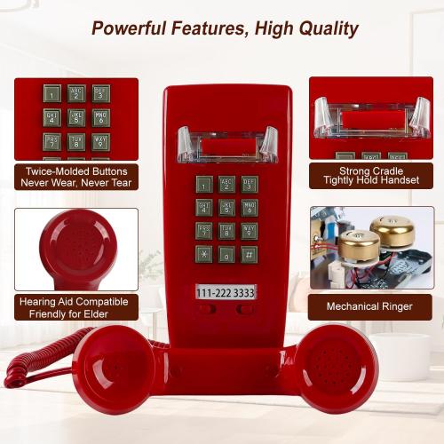 Retro Wall Phone Landline Ringer On/Off, Updated 2544 Wall Telephone,Vintage Wall Mounted Telephone Metal Base, Old Wall Phones for Landline, Backup Wall Phone for Home, Kitchen,Red