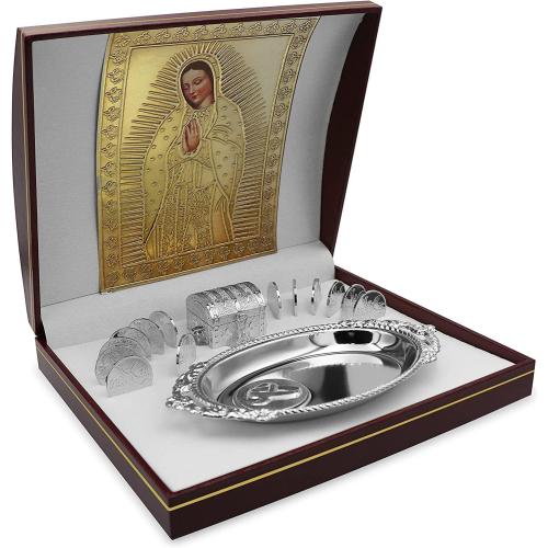 EHV Silver Plated Wedding Unity Coins with Decorative Display Case, Treasure Box, and Silver Platter, Classic Arras Ceremony Souvenirs, Beautiful Confirmation Gift Set (Virgen Busto)
