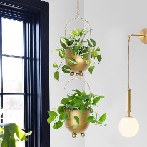 AceList Boho Gold Metal Hanging Planters,  with Hooks & Chains - Versatile Wall & Ceiling Plant Hangers for Indoor/Outdoor Décor