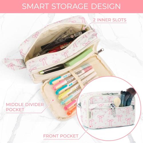 Quilted Pencil Pouch for Girls Women, Large Pencil Case Pouch with Compartments Cute Aesthetic Pencil Case Organizer, Floral Pencil Bag for School Supplies (Pink Bow)