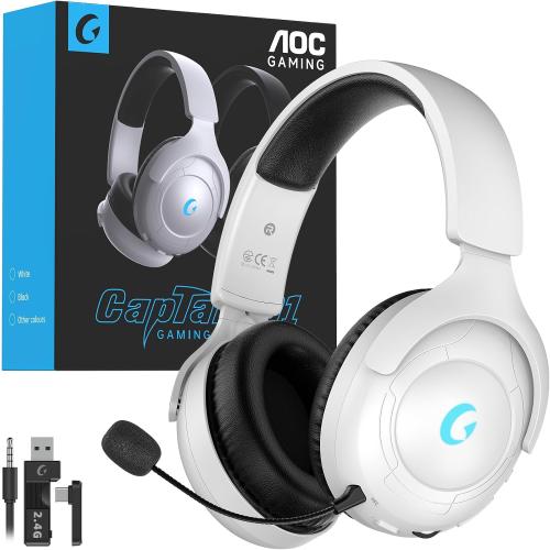 AOC Wireless Gaming Headset for PS5, 2.4GHz Gaming Headphone with Mic | 45H Playtime, Immersive Surround Sound, Noise Cancelling Game Headset for PS5, PC & Switch, Xbox with 3.5mm Cable - White